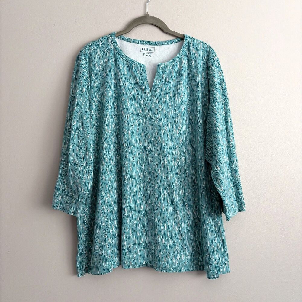 LL Bean Womens Plus Size 3X Teal Floral Split Neck Top 100% Cotton Casual